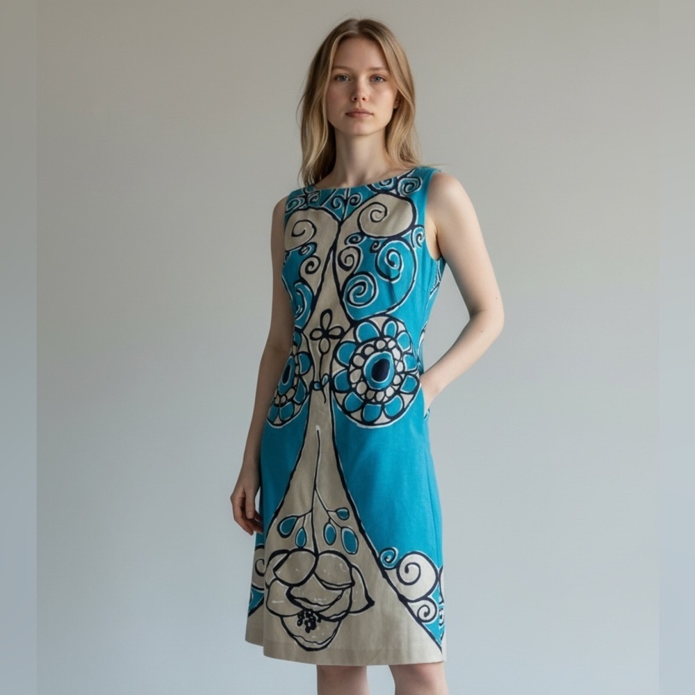 TRINA TURK shift dress, sz 6,sleeveless, turquoise with black design.All cotton